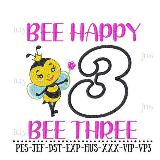 Bee 3 Birthday Embroidery Design, Bumble Bee Birthday Embroidery Designs, Girl Birthday Embroidery Patterns, Number Applique Embroidery