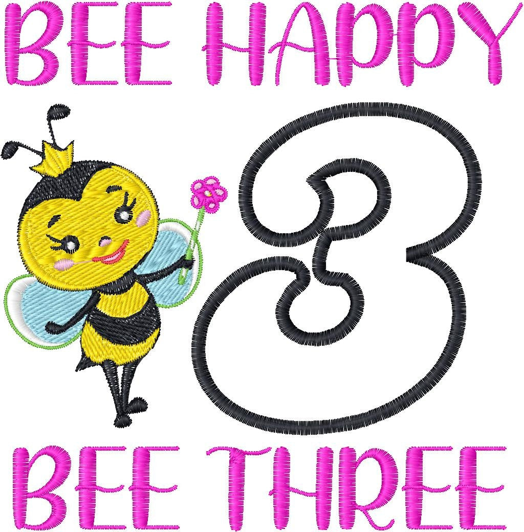 Bee 3 Birthday Embroidery Design, Bumble Bee Birthday Embroidery Designs, Girl Birthday Embroidery Patterns, Number Applique Embroidery